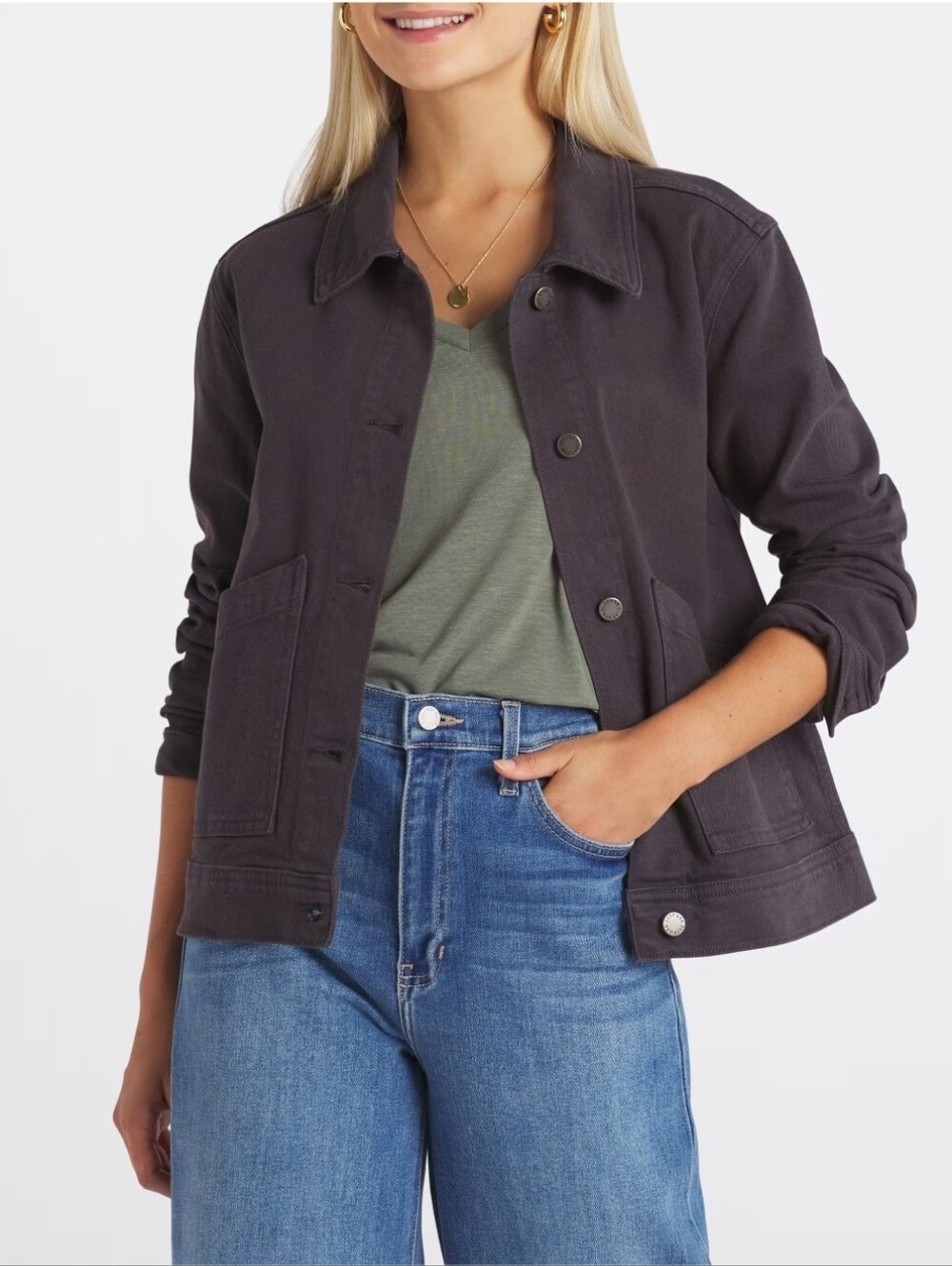 JustUSA GRAY SLANT Pocket Button-Front Barn  Utility Jacket - Women's